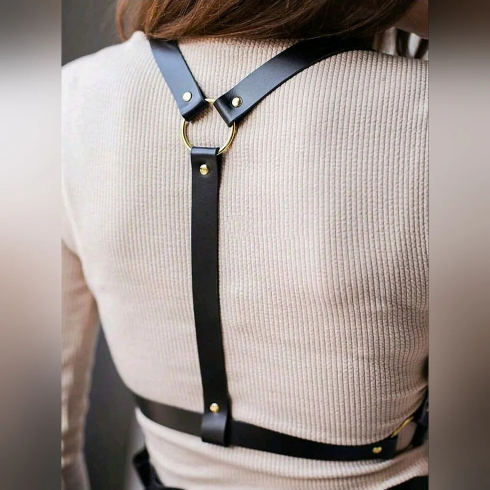 Trendy: Black Pu Leather Underbust Harness with Gold Accents